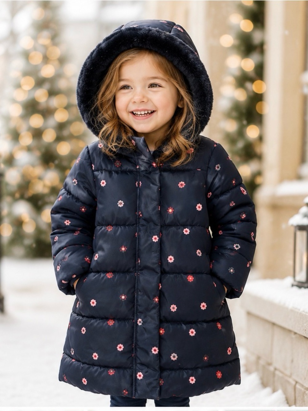 Jacadi Navy Multicolor Puffer Jacket Coat with Pink & Red Flowers Size 36 months